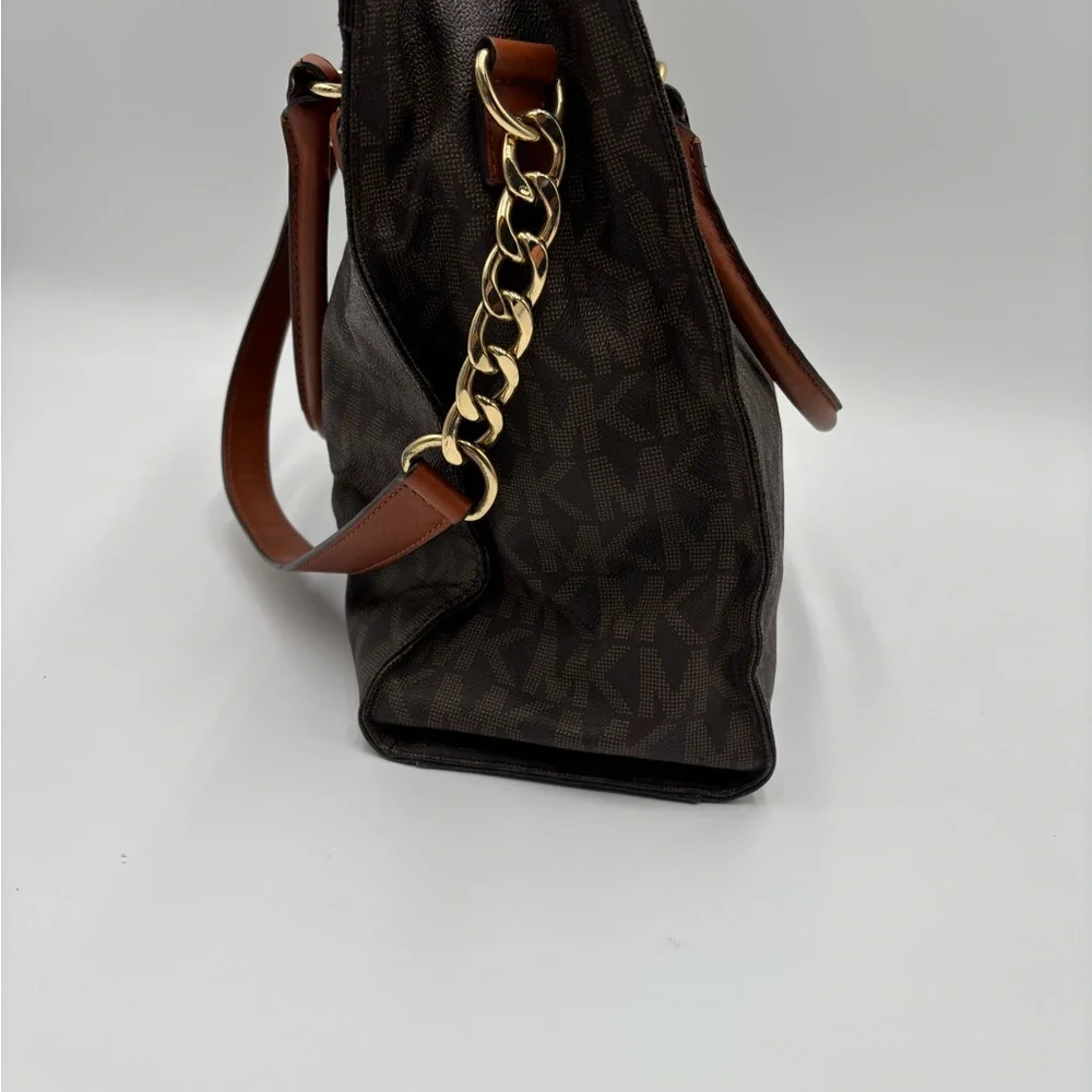 Michael Kors Hamilton Large Brown MK Logo Tote Bag Gold Chain Leather Trim‎ Bag